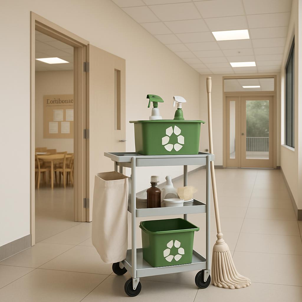 A scan of the image reveals a janitorial cart situated in the corner of a long, hallway-style office. The cart itself is g...