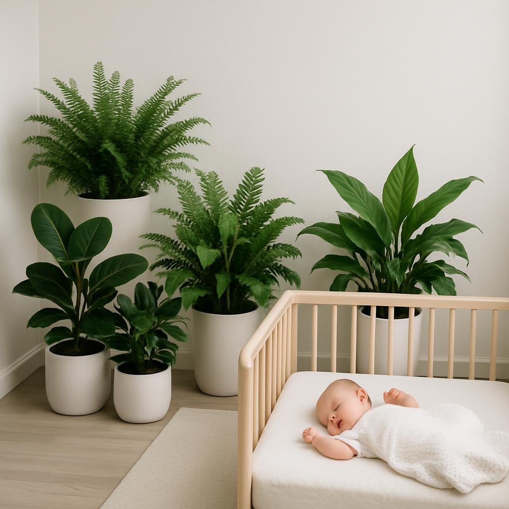 A white baby crib without a railing and a baby sleeping on a flat mattress. The walls, floor, and rug are light beige. The...