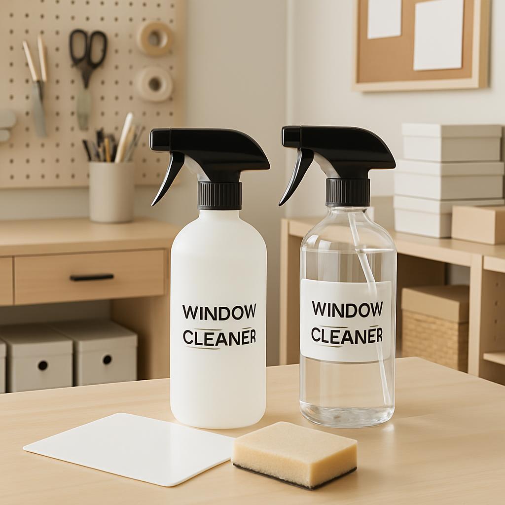 Two spray bottles with black-and-white labels, as well as a sponge and a piece of scrubber, placed on a table, all of whic...