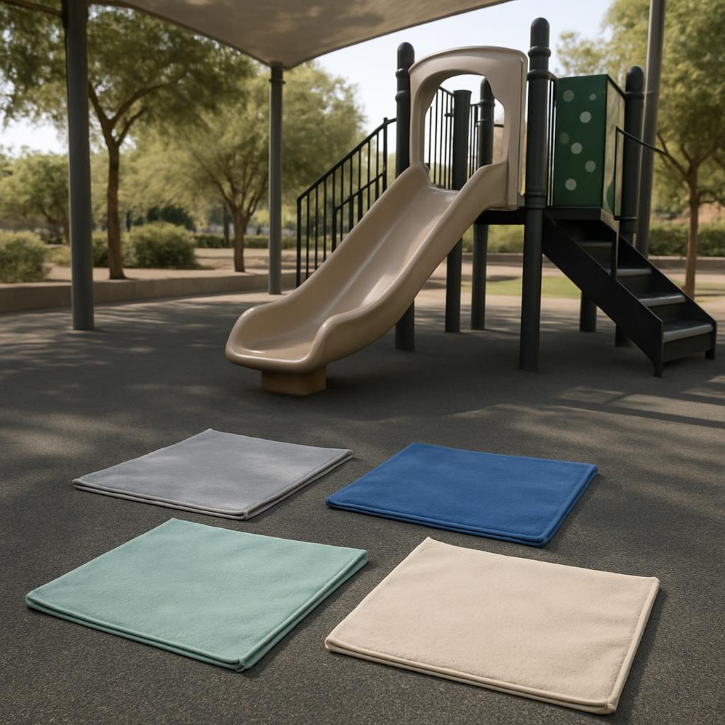 The image depicts four fabric squares in various colors, laid out on a playground surface, with a slide and structures vis...