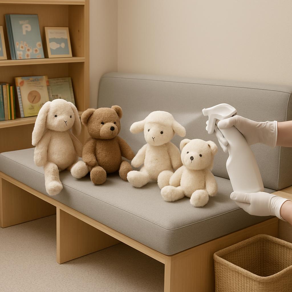 Gloved hand sprays cleaners towards four stuffed animals on a gray bench. The animals, from left to right, are white bunny...