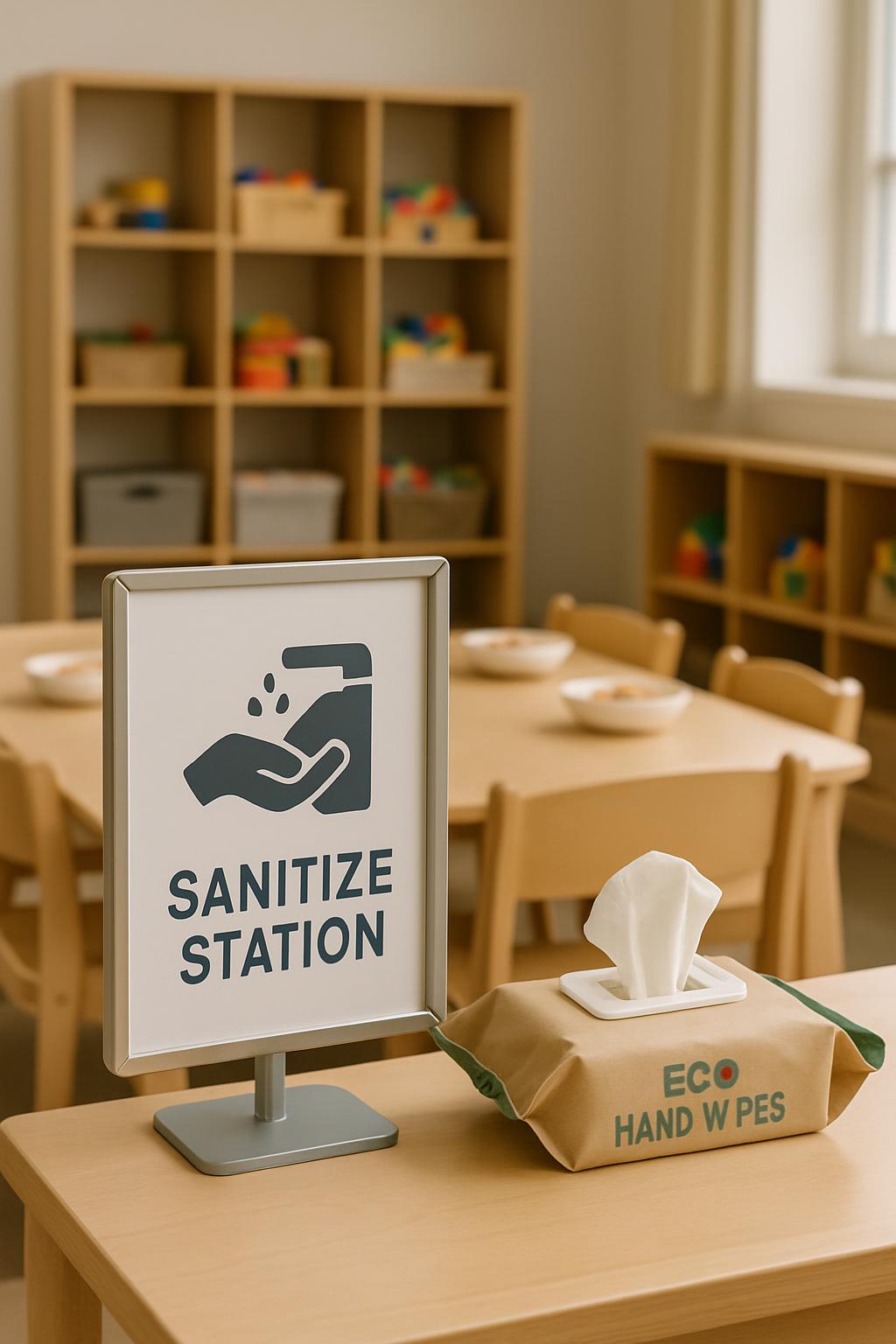 A table with a sign that reads "SANITIZE STATION" and a pack of eco-friendly hand wipes is set against a wooden background...