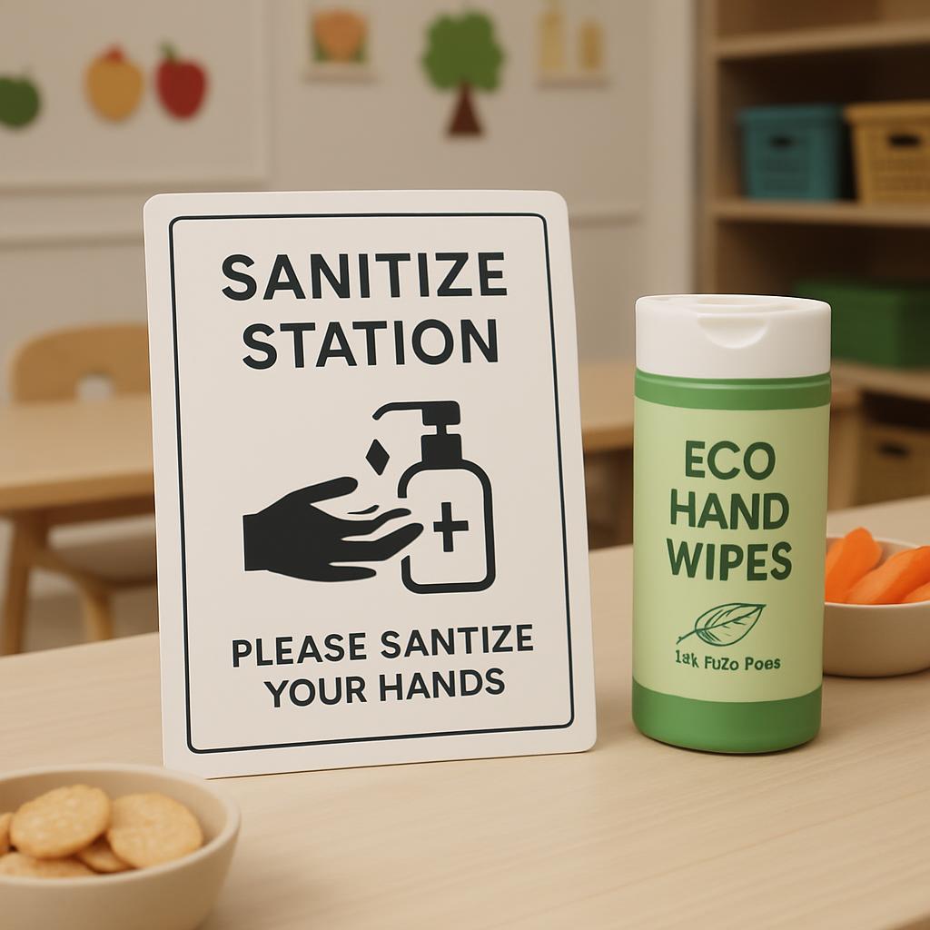 Sanitize Station Please Santize Your Hands. Hand Missing Paper Sign. Eco Friendly Hand Wipes. Desk Has Bowl Of Cracker Sna...